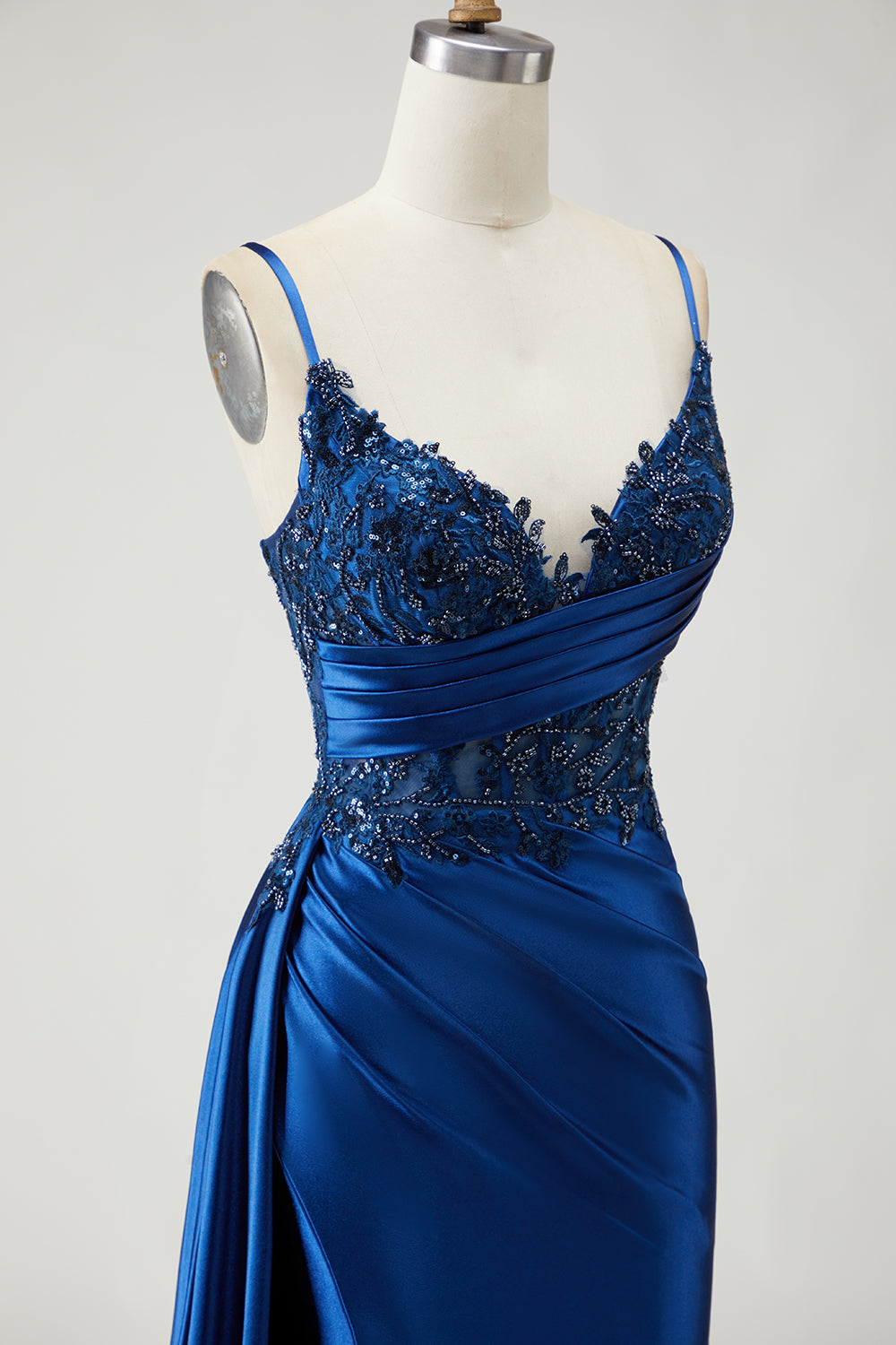 Sparkly Navy Beaded Mermaid Long Prom Dress with Slit