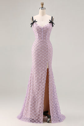 Sparkly Lilac Mermaid Sequins Long Prom Dress with Slit