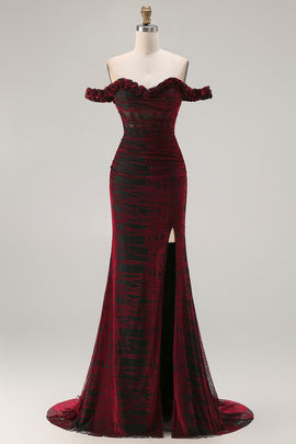 Floral Black and Red Mermaid Long Corset Prom Dress with Slit