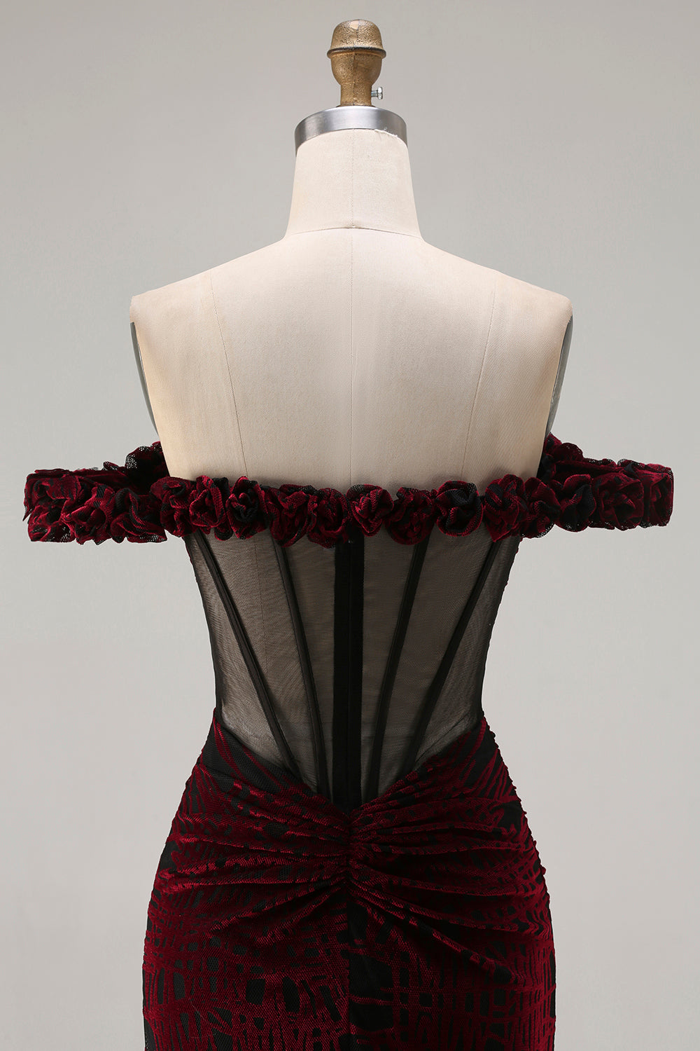 Floral Black and Red Mermaid Long Corset Prom Dress with Slit