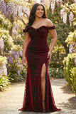 Floral Black and Red Off the Shoulder Mermaid Long Corset Prom Dress with Slit