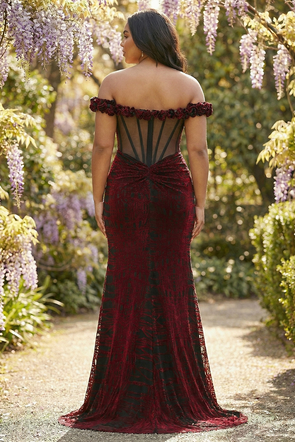 Floral Black and Red Mermaid Long Corset Prom Dress with Slit Floral Black and Red Mermaid Long Corset Prom Dress with Slit