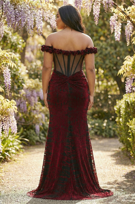 Black and Red Mermaid Plus Size Floral Long Corset Prom Dress with Slit