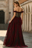Floral Black and Red Off the Shoulder Mermaid Long Corset Prom Dress with Slit