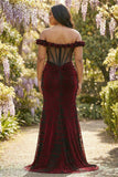 Floral Black and Red Off the Shoulder Mermaid Long Corset Prom Dress with Slit