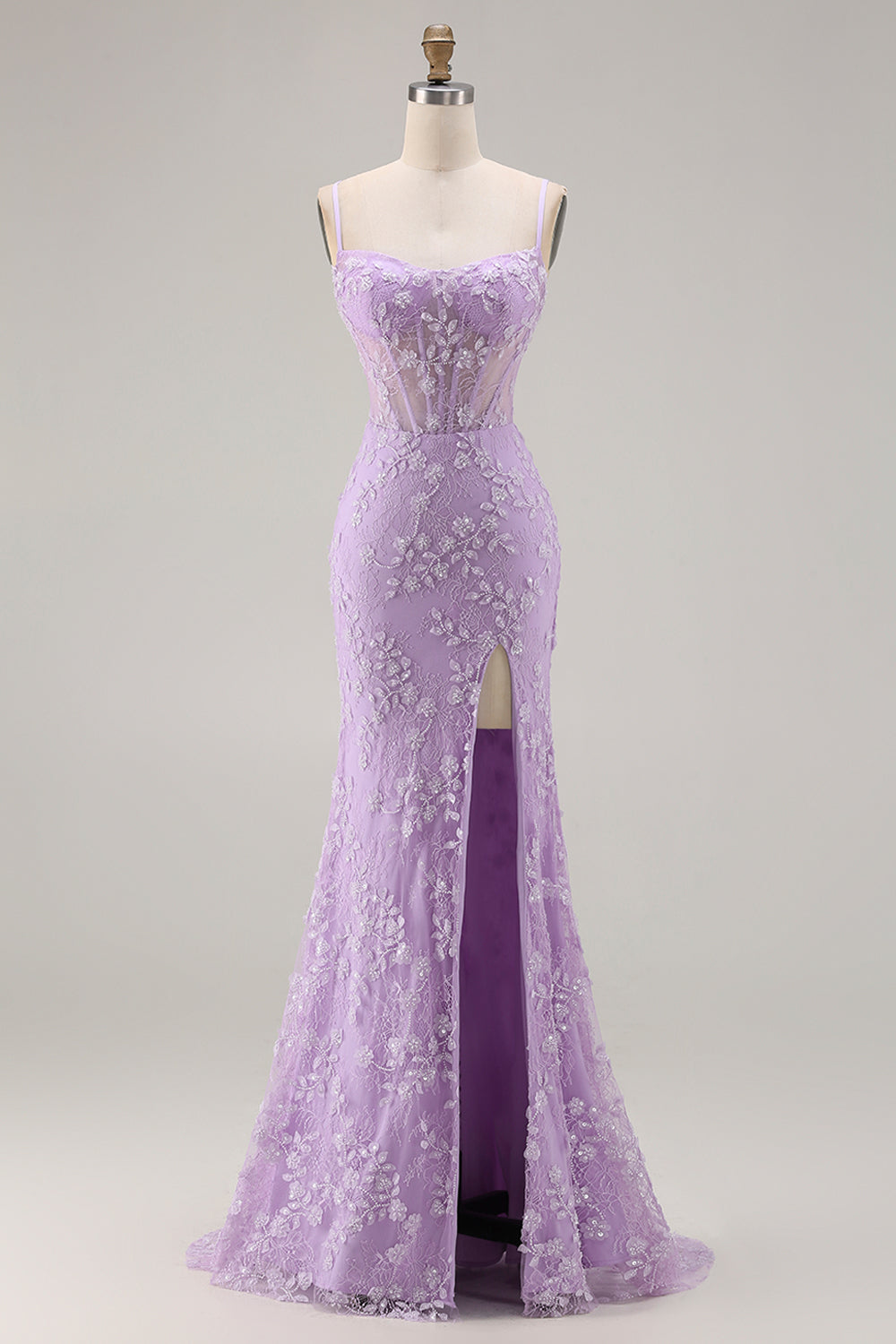 Sparkly Purple Floral Mermaid Beaded Long Corset Prom Dress with Slit