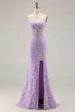Sparkly Purple Floral Mermaid Beaded Long Corset Prom Dress with Slit