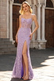 Sparkly Floral Purple Mermaid Beaded Long Corset Prom Dress with Slit