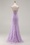 Sparkly Purple Floral Mermaid Beaded Long Corset Prom Dress with Slit