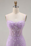 Sparkly Purple Floral Mermaid Beaded Long Corset Prom Dress with Slit