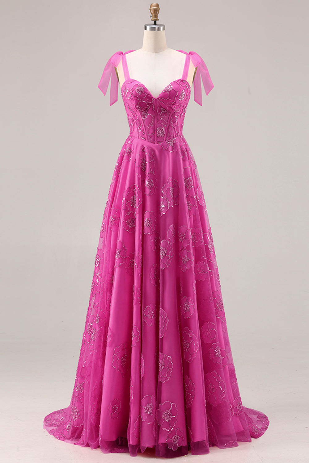 Floral Fuchsia A Line Long Corset Prom Dress with Beading