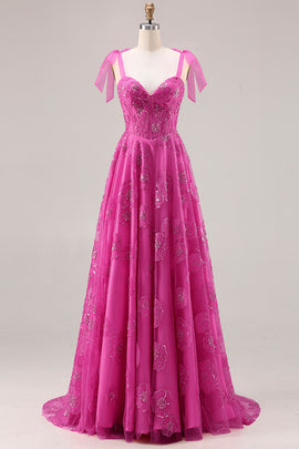 Floral Fuchsia A Line Long Corset Prom Dress with Beading