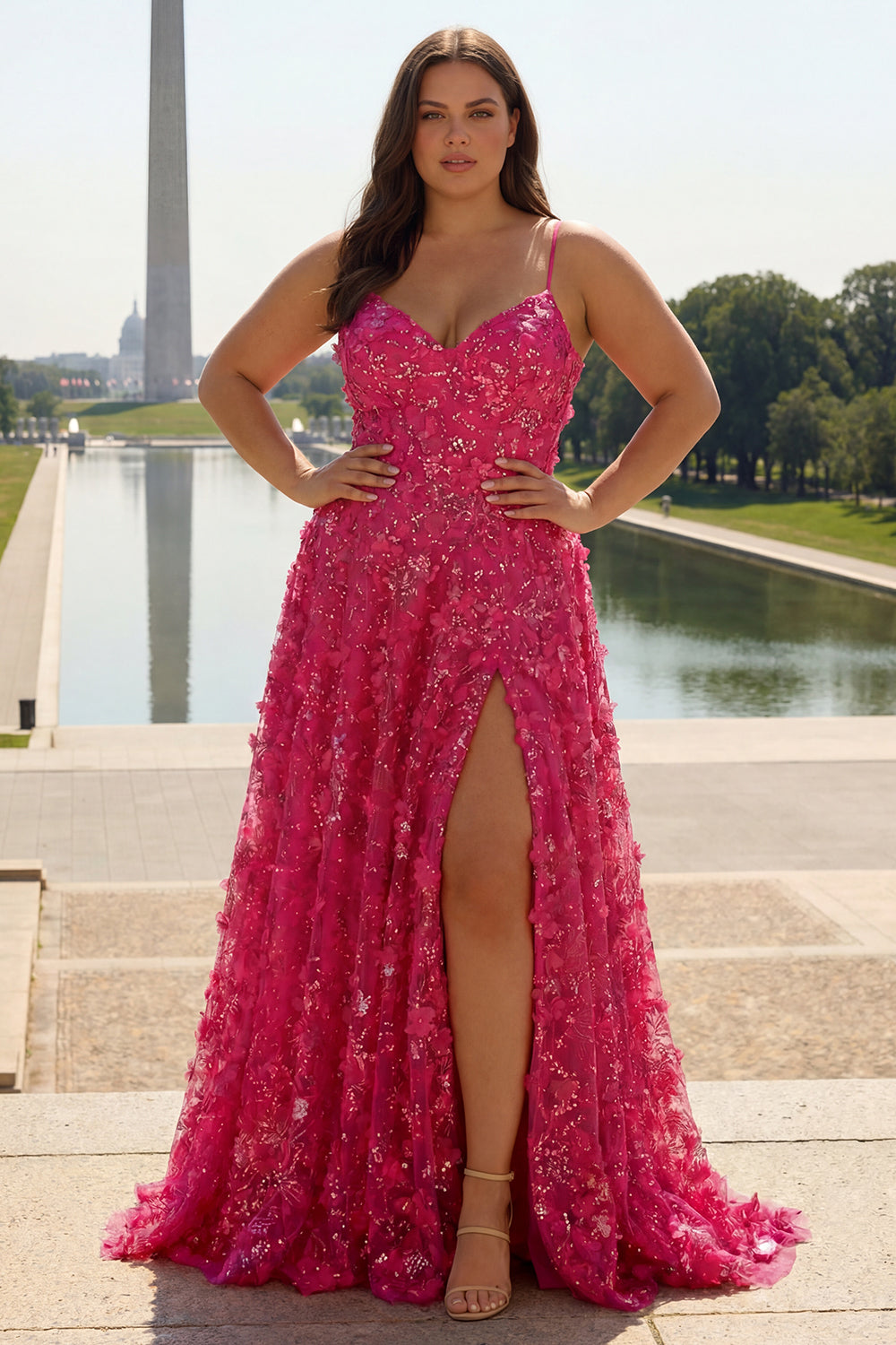 Floral Plus Size Fuchsia A Line Long Corset Prom Dress with Beading