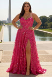 Floral Plus Size Fuchsia A Line Long Corset Prom Dress with Beading