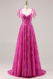 Floral Fuchsia A Line Long Corset Prom Dress with Beading