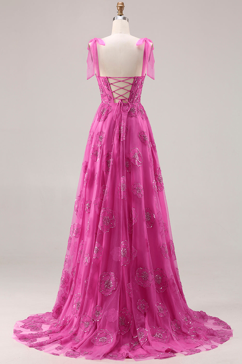 Floral Fuchsia A Line Long Corset Prom Dress with Beading