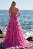 Floral Fuchsia A Line Long Corset Prom Dress with Beading