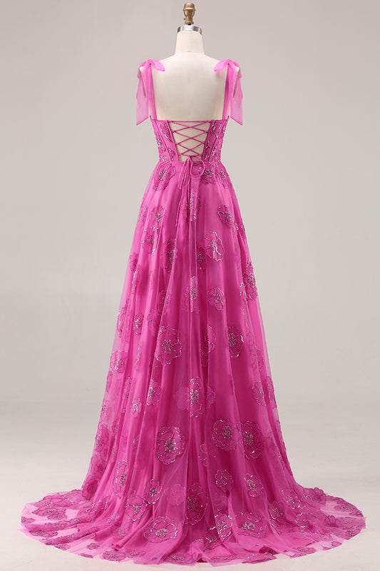Floral Fuchsia A Line Long Corset Prom Dress with Beading