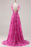 Floral Fuchsia A Line Long Corset Prom Dress with Beading