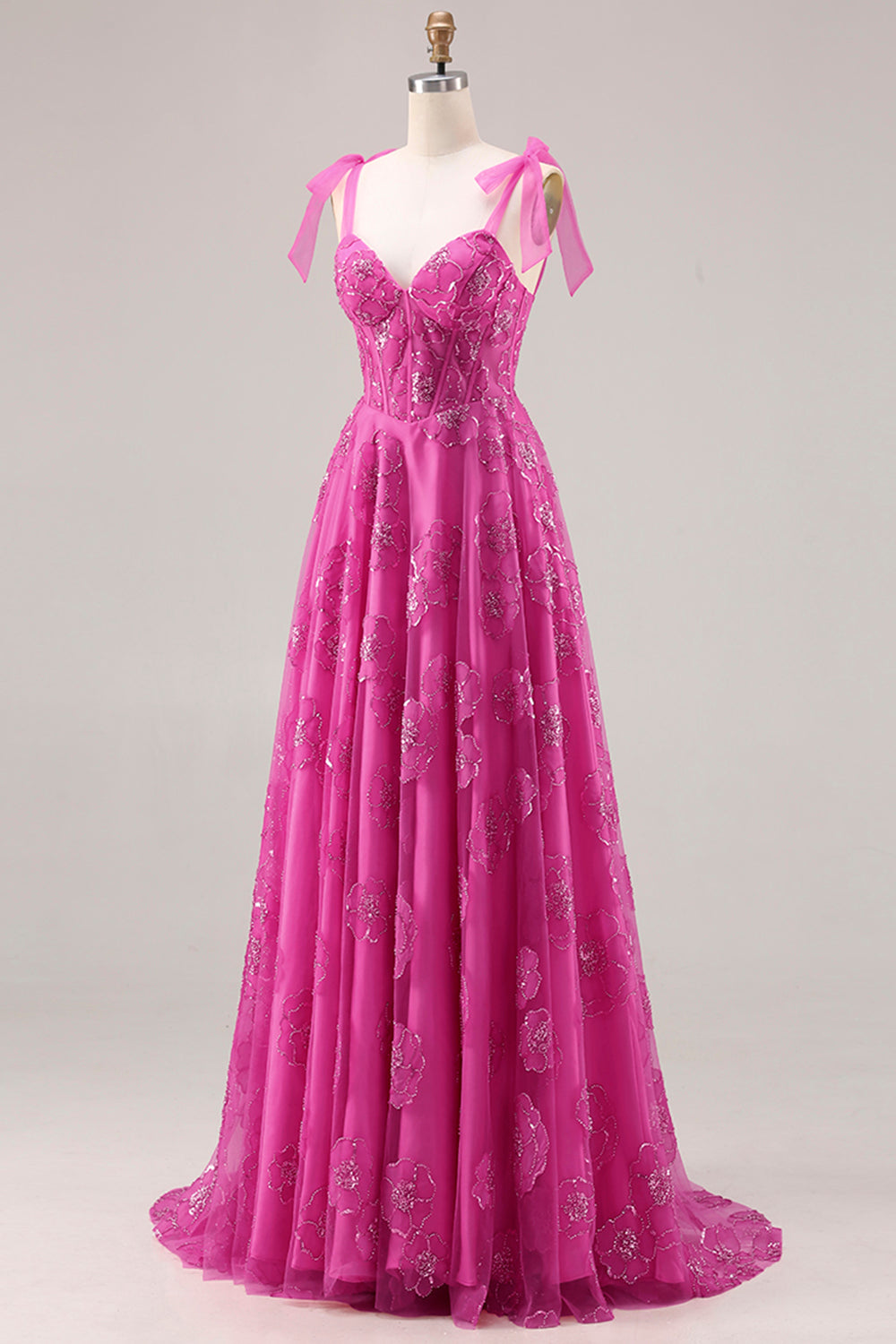 Floral Fuchsia A Line Long Corset Prom Dress with Beading