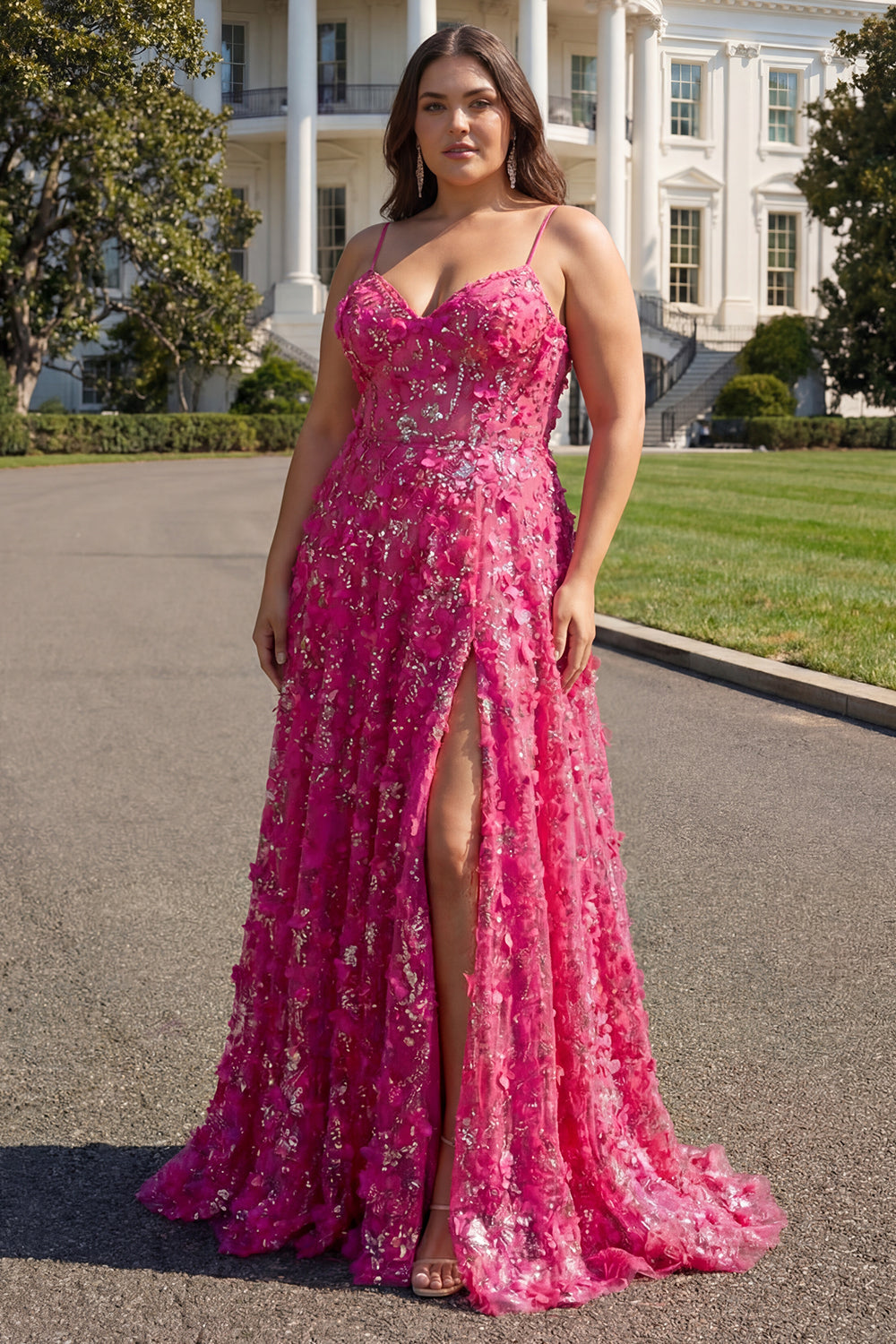 Floral Plus Size Fuchsia A Line Long Corset Prom Dress with Beading