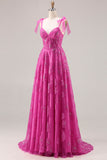 Floral Fuchsia A Line Long Corset Prom Dress with Beading