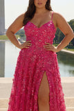 Floral Plus Size Fuchsia A Line Long Corset Prom Dress with Beading