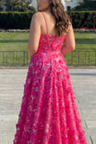 Floral Plus Size Fuchsia A Line Long Corset Prom Dress with Beading