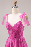 Floral Fuchsia A Line Long Corset Prom Dress with Beading
