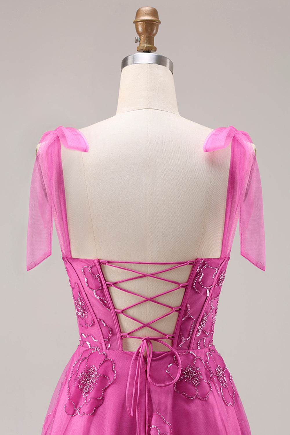 Floral Fuchsia A Line Long Corset Prom Dress with Beading