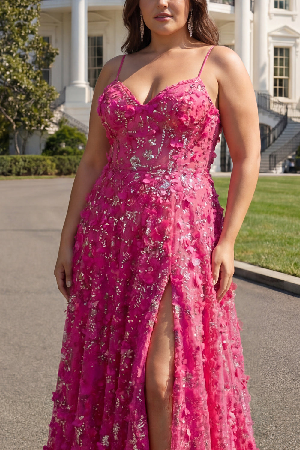Floral Plus Size Fuchsia A Line Long Corset Prom Dress with Beading
