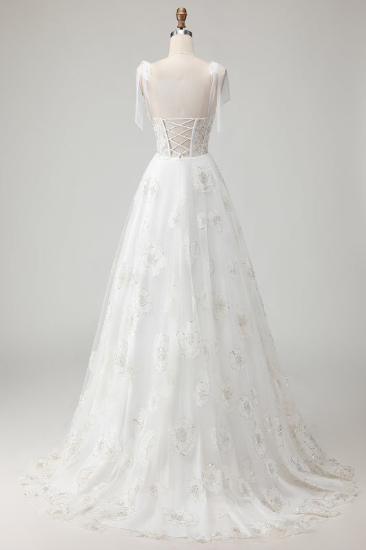 Sparkly White Floral A Line Long Corset Wedding Dress with Beading