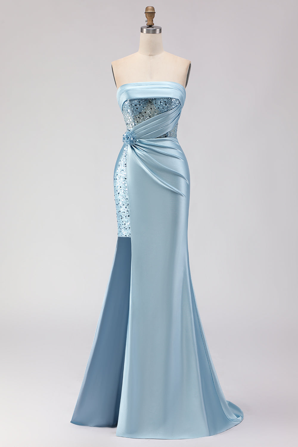 Sparkly Blue Satin Mermaid Beaded Long Corset Prom Dress with Slit