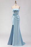 Sparkly Blue Satin Mermaid Beaded Long Corset Prom Dress with Slit