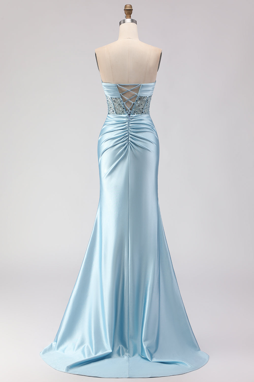 Sparkly Blue Satin Mermaid Beaded Long Corset Prom Dress with Slit