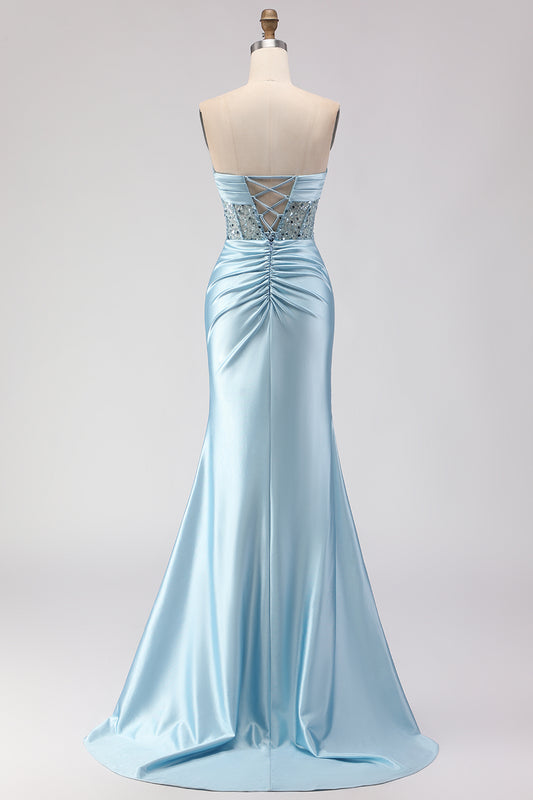 Sparkly Blue Satin Mermaid Beaded Long Corset Prom Dress with Slit