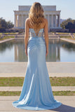 Sparkly Blue Satin Mermaid Beaded Long Corset Prom Dress with Slit