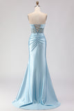 Sparkly Blue Satin Mermaid Beaded Long Corset Prom Dress with Slit