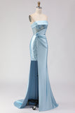 Sparkly Blue Satin Mermaid Beaded Long Corset Prom Dress with Slit