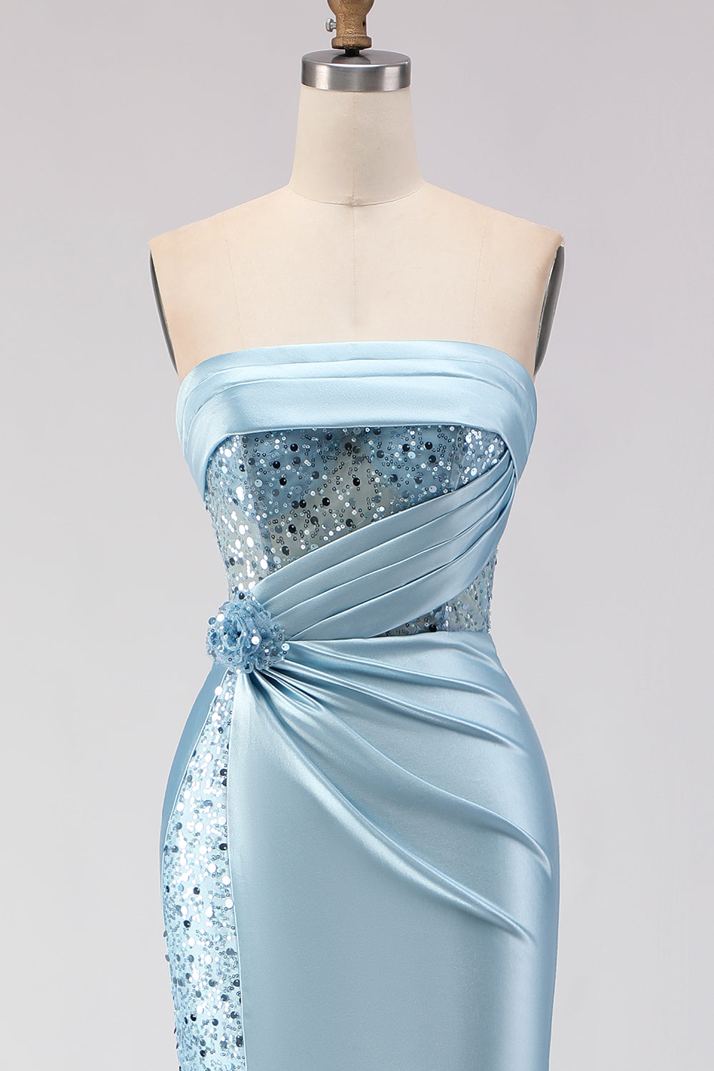 Sparkly Blue Satin Mermaid Beaded Long Corset Prom Dress with Slit