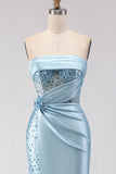 Sparkly Blue Satin Mermaid Beaded Long Corset Prom Dress with Slit