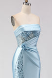 Sparkly Blue Satin Mermaid Beaded Long Corset Prom Dress with Slit