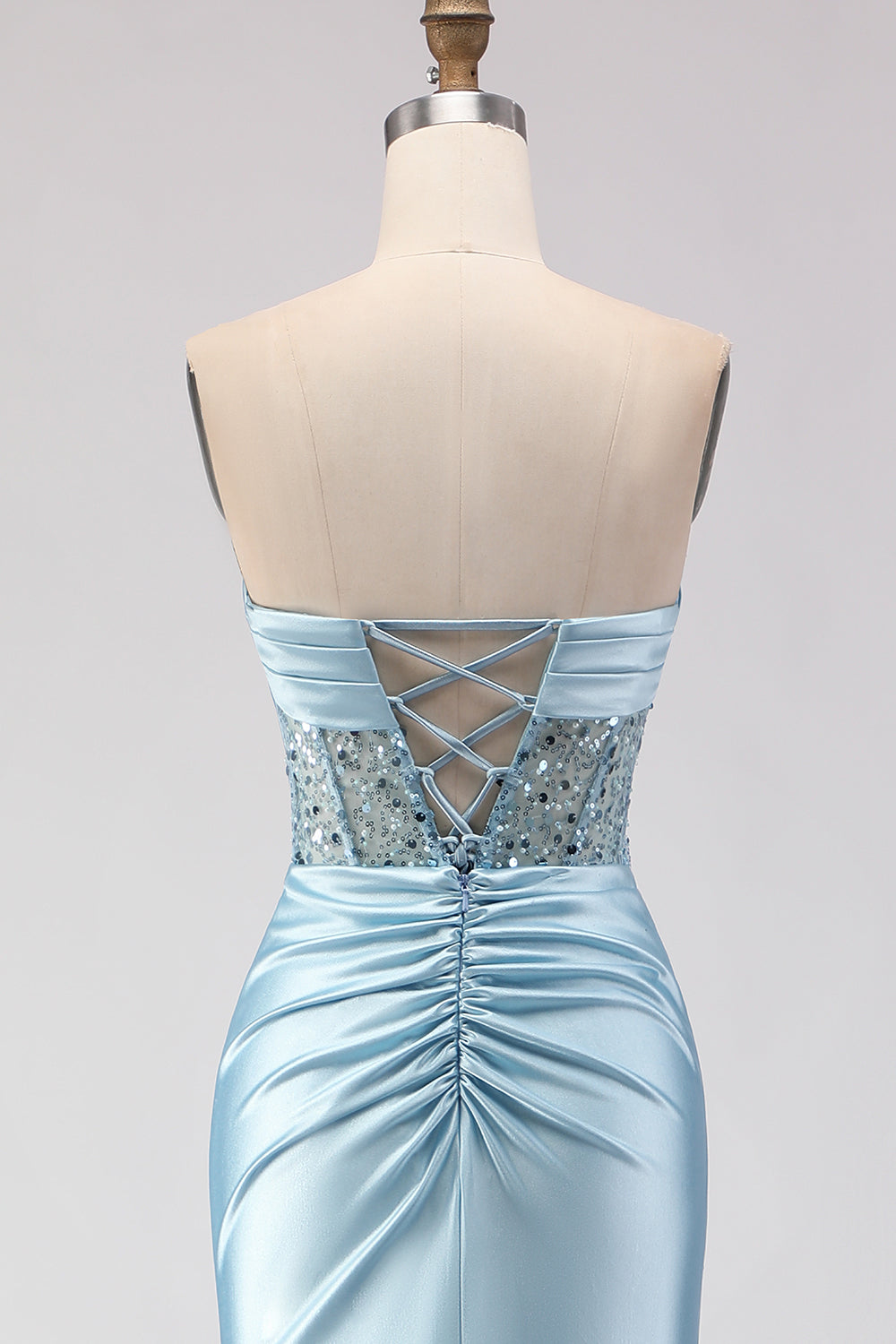 Sparkly Blue Satin Mermaid Beaded Long Corset Prom Dress with Slit