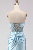 Sparkly Blue Satin Mermaid Beaded Long Corset Prom Dress with Slit