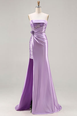 Sparkly Purple Mermaid Ruched Long Corset Prom Dress with Slit
