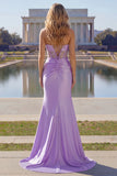 Sparkly Blue Satin Mermaid Beaded Long Corset Prom Dress with Slit