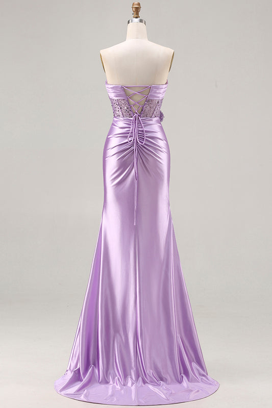 Sparkly Purple Mermaid Ruched Long Corset Prom Dress with Slit