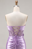 Sparkly Purple Mermaid Ruched Long Corset Prom Dress with Slit