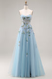 Floral Blue Tulle A Line Sweetheart Long Corset Prom Dress with Slit