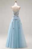 Floral Blue Tulle A Line Sweetheart Long Corset Prom Dress with Slit